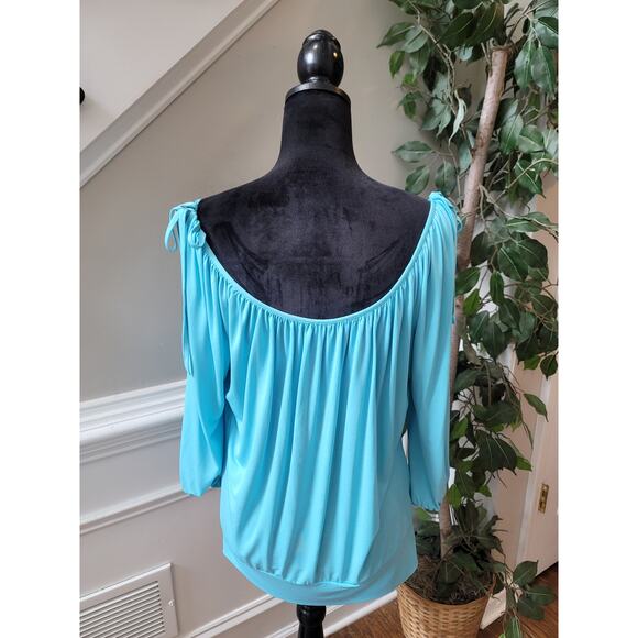 Cache Blouse Women's Size Large Blue Boat Neck Off-The-Shoulder Cold Shoulder - Picture 8 of 11